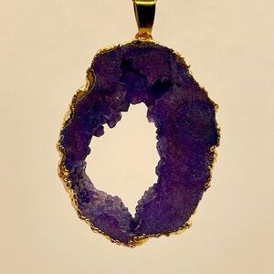 Natural Geode Stone & Crystal Quartz Peacock Seaglass Purple Pendant Necklace